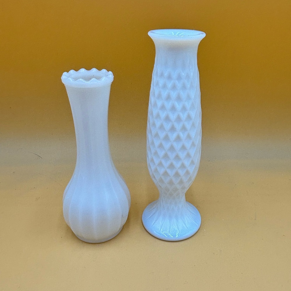 E O Brody milk glass diamond vase and other milk glass vase